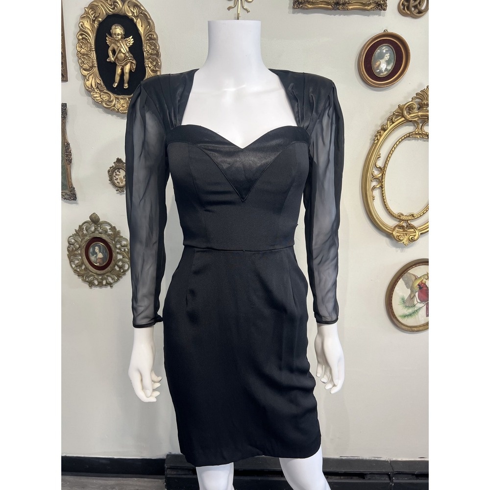 Vintage Barbara Barbara Petites Black Sheer Sleeve Cutout Cocktail Dress Size 2